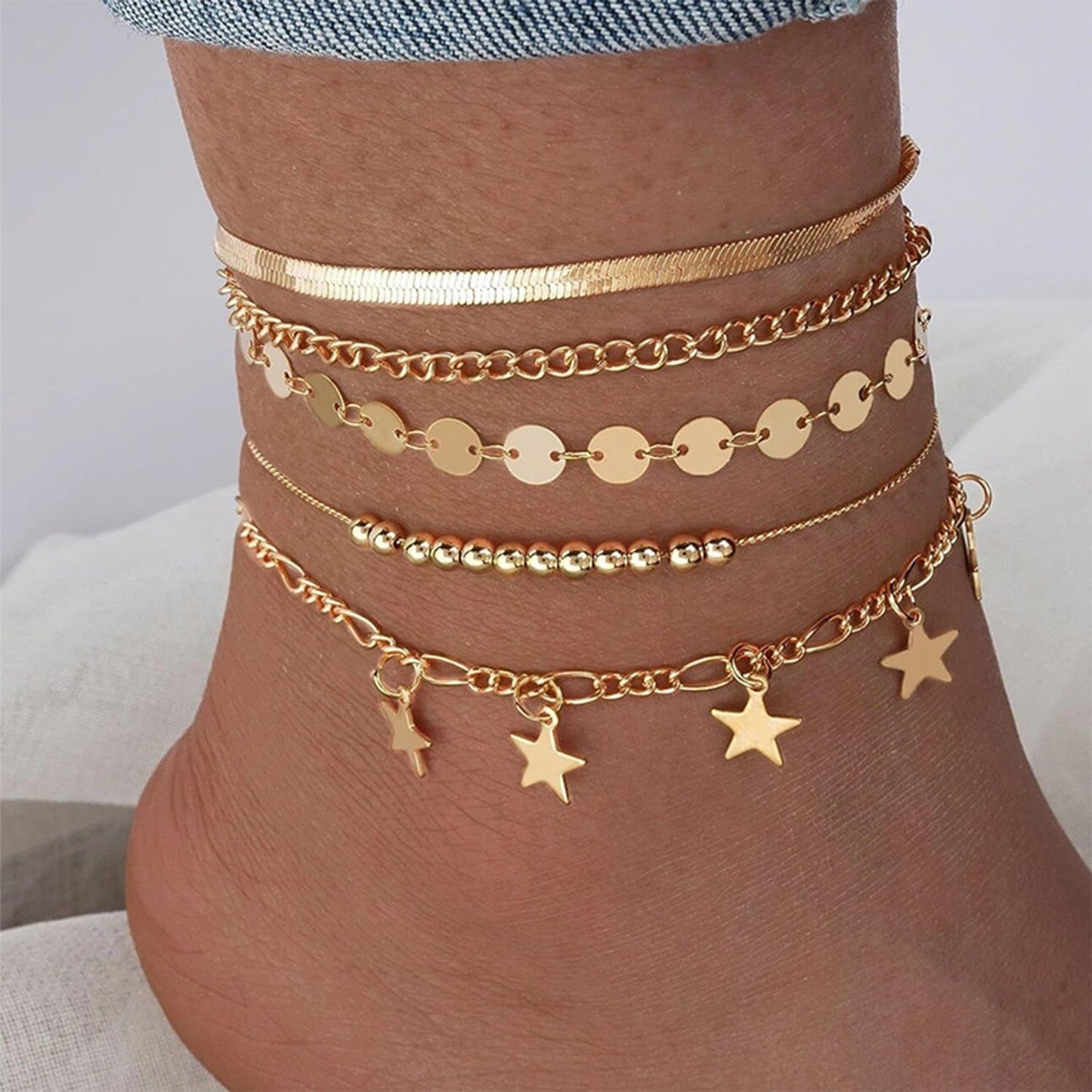 CUBAN LINK CHAIN ANKLE MULTI-LAYER WAFER BEACH CHAIN