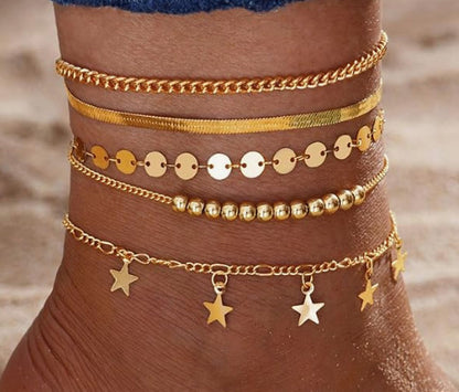 CUBAN LINK CHAIN ANKLE MULTI-LAYER WAFER BEACH CHAIN
